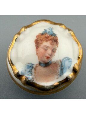 Vintage Limoges France Miniature Portrait Trinket Pill Box Gold Trim 7/8"